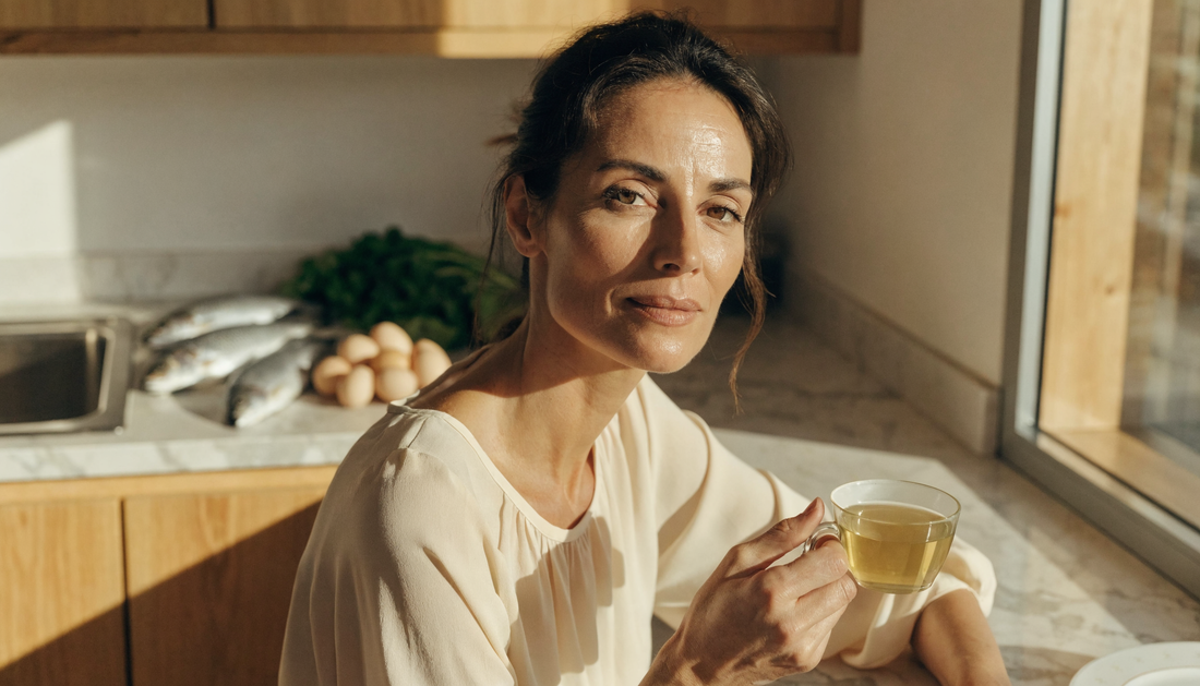 Woman with fatigue symptoms and B12-rich foods such as fish and eggs