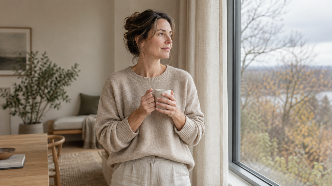 Frau um die 40 mit Tasse am Fenster im Herbst – Zink und Erkältung: was zur Wirkung belegt ist